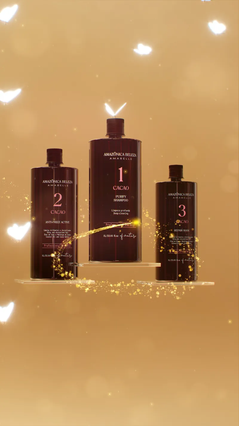 Kit profesional del Alisado de Cacao de Amazônica Beleza: shampoo purify, activo anti-frizz y mascarilla reparadora con óleo de coco y manteca de cacao