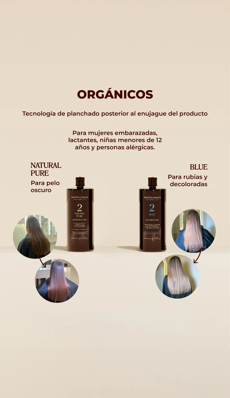 Alisados orgánicos de Amazônica Beleza: Natural Pure para pelo oscuro y Blue para rubias y decoloradas, aptos para embarazadas, lactantes y niñas, con resultados antes y después