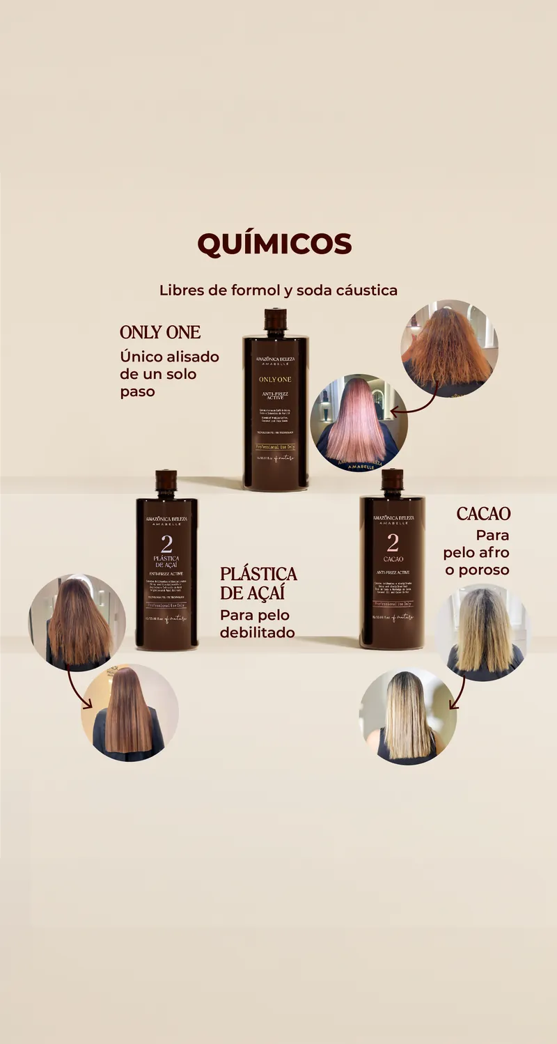 Alisados químicos sin formol ni soda cáustica de Amazônica Beleza: Only One de un solo paso, Plástica de Açaí para pelo debilitado y Cacao para pelo afro o poroso, con antes y después
