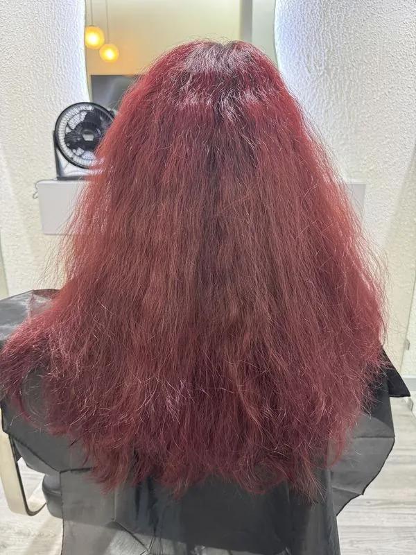 Antes del tratamiento BelaFios — cabello rojo tinturado con daño por químicos y frizz en Maracaibo
