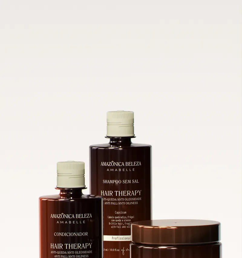 Shampoo y acondicionador Hair Therapy de Amazônica Beleza: sistema anticaída sin sal con Capsicum disponible en Venezuela en BelaFios