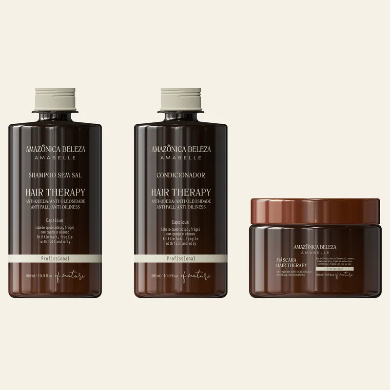 Kit Hair Therapy de Amazônica Beleza: shampoo sem sal, acondicionador y mascarilla anticaída con Capsicum para pelo fino, quebradizo y con caída