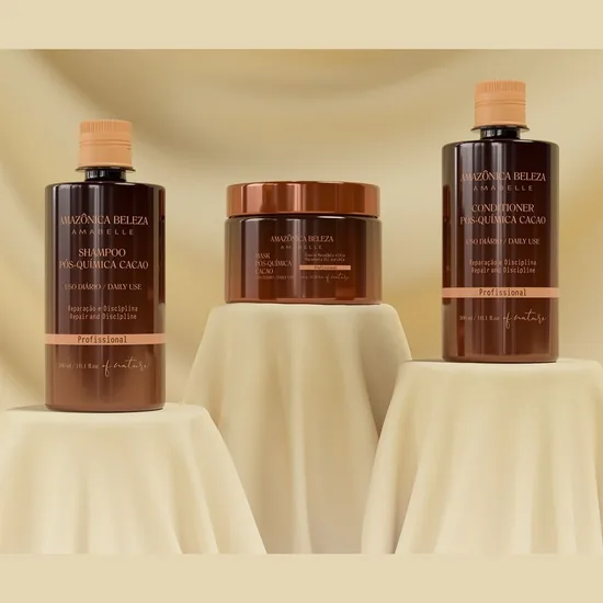 Kit Post Química Cacao de Amazônica Beleza: shampoo, acondicionador y mascarilla con cacao y keratina para reparar el pelo dañado por químicos
