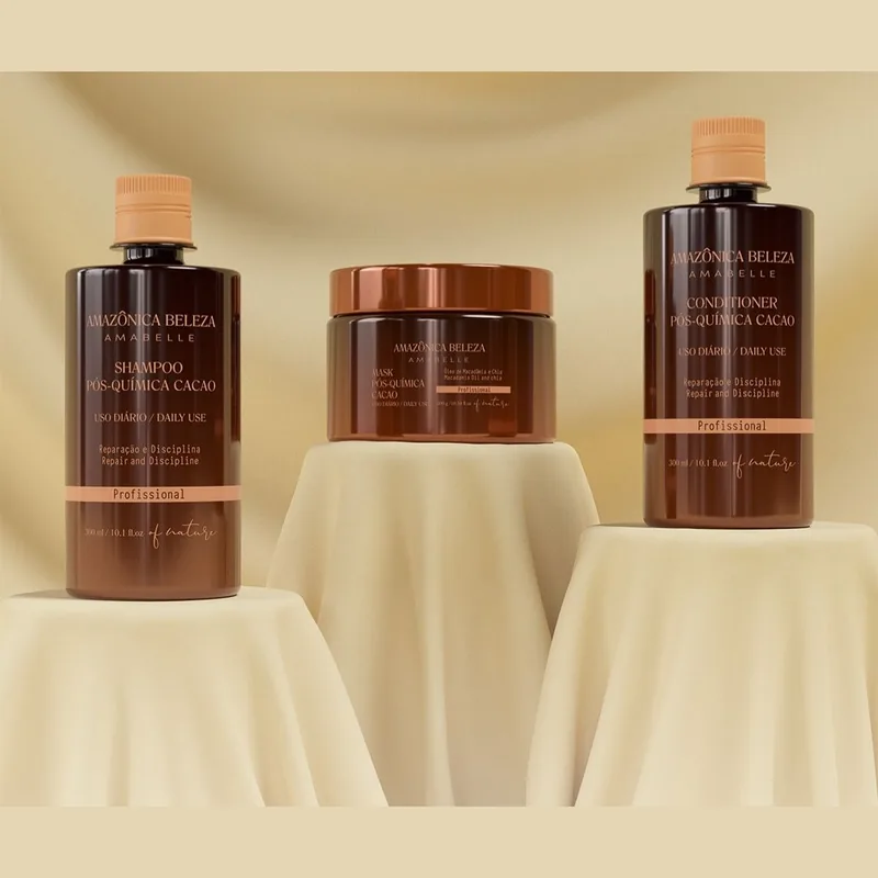 Kit Post Química Cacao de Amazônica Beleza: shampoo, mascarilla y acondicionador para reparar el pelo tras decoloración o alisado