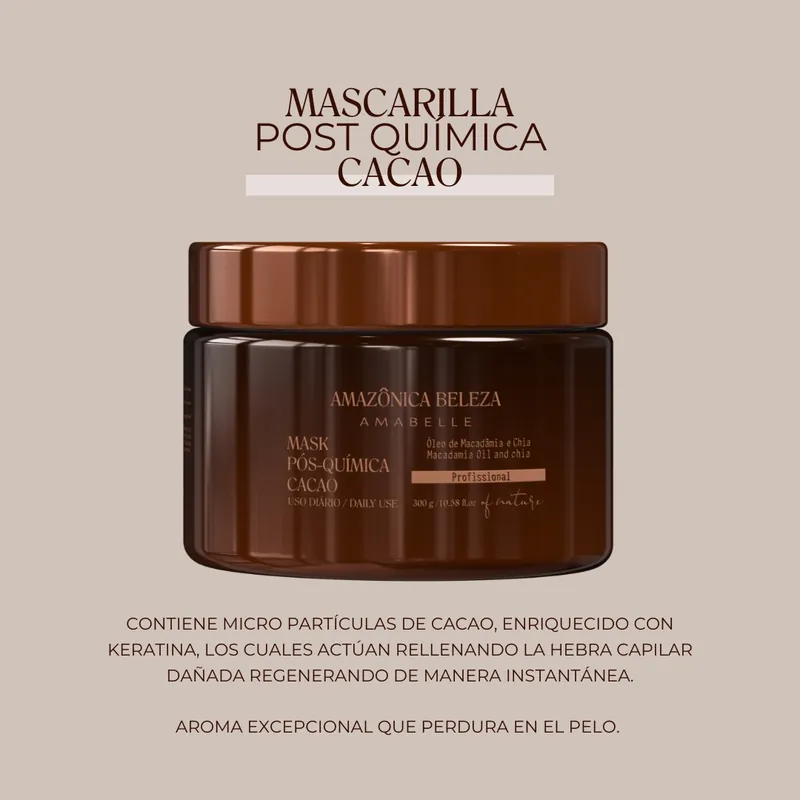 Mascarilla Post Química Cacao de Amazônica Beleza con óleo de macadamia y chía para regeneración instantánea del cabello