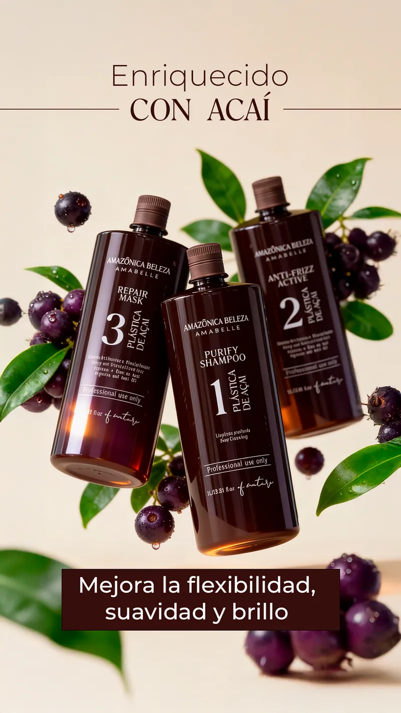 Kit profesional de la Plástica de Acaí de Amazônica Beleza enriquecido con acaí amazónico para flexibilidad, suavidad y brillo