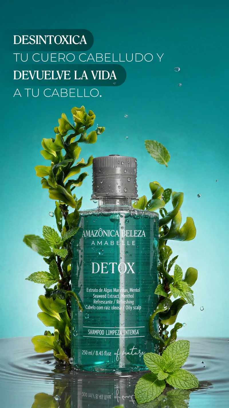 Shampoo Detox de Amazônica Beleza con extracto de algas marinas y mentol para desintoxicar el cuero cabelludo
