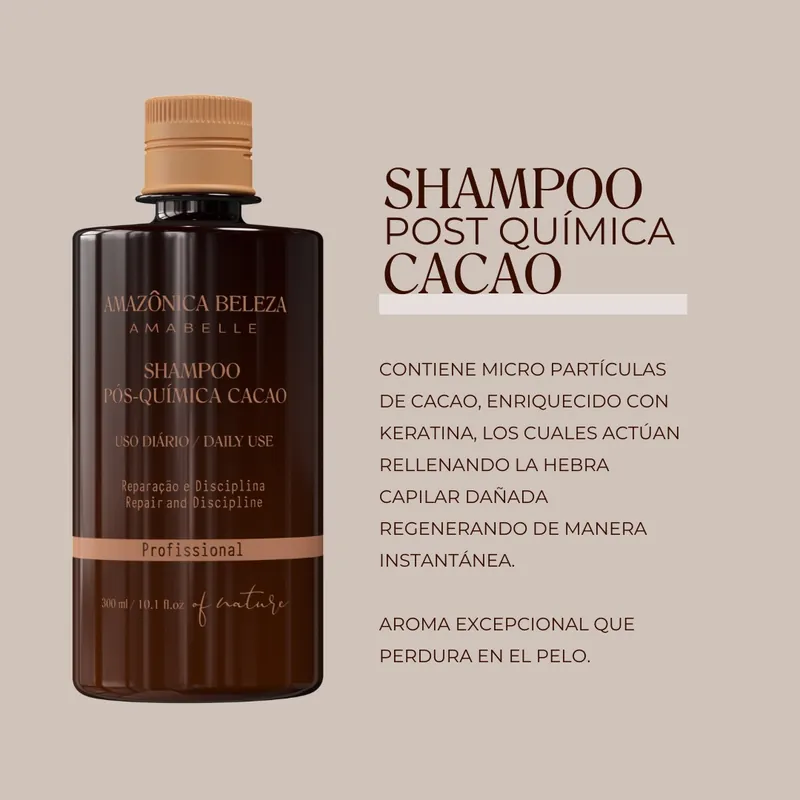 Shampoo Post Química Cacao de Amazônica Beleza de uso diario con micropartículas de cacao y keratina que rellenan la hebra dañada