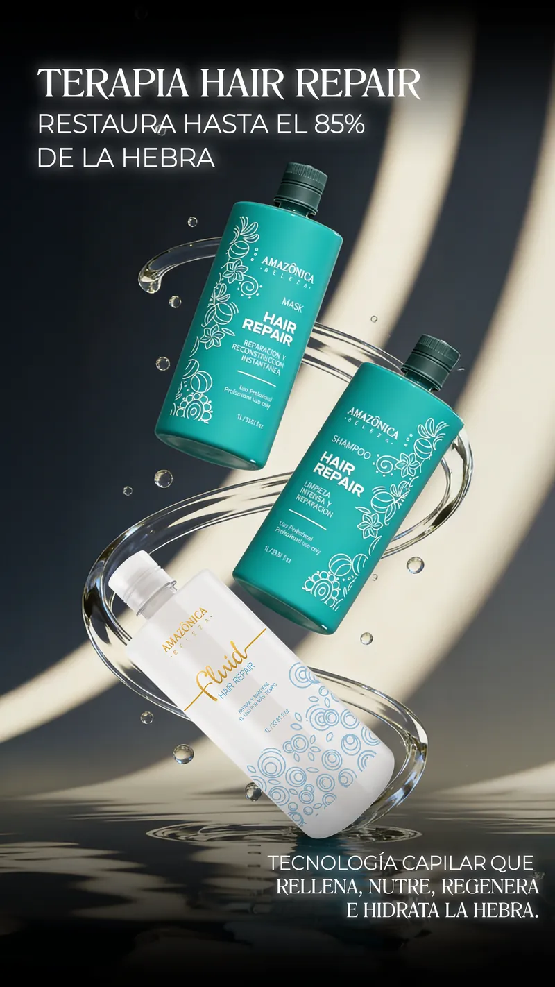 Terapia Hair Repair de Amazônica Beleza: shampoo, mascarilla y fluido que restauran hasta el 85% de la hebra capilar